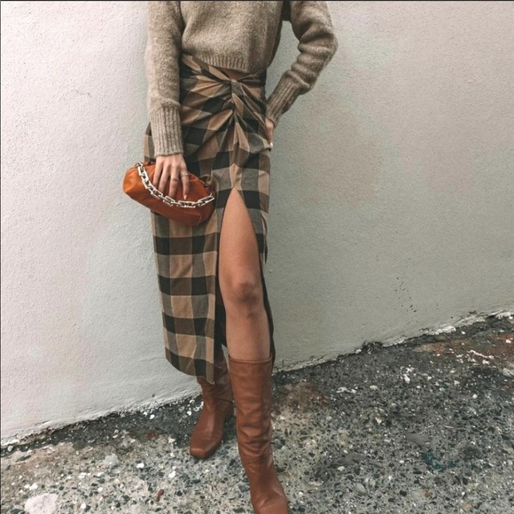 Zara Plaid Wrap Skirt Thigh Split Black Tan Check - Picture 7 of 9